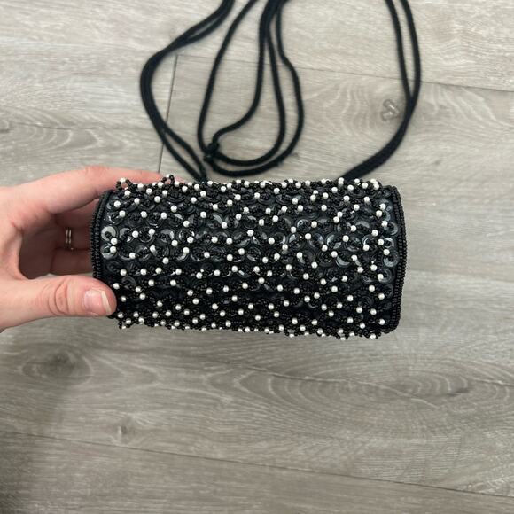 Midge- vintage formal bag- intricate beading- crossbody- some wear- black white - Picture 7 of 10
